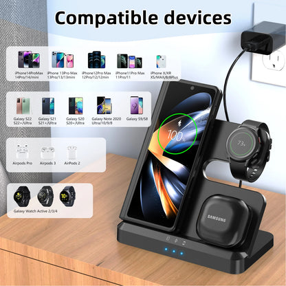 Wireless Charger Stand 3 in 1 Charging Station Watch Charger for Samsung S24 Ultra Plus S23 S22 Z Fold Flip 6/5/4 Galaxy Watch